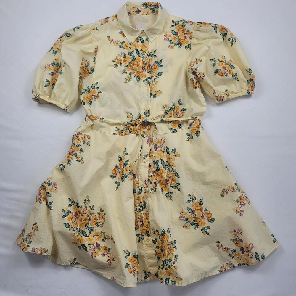 A New Day Floral Puff Sleeve Button Front Mini Shirt Dress Cottagecore Women's M